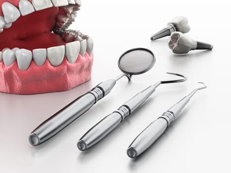 Professional dentist tools isolated on white background. 3D illustration.