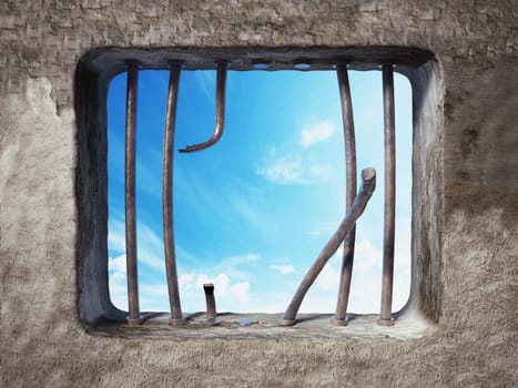 Prison cell with broken prison bars on the window. 3D illustration.