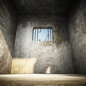 Prison cell with broken prison bars on the window. 3D illustration.