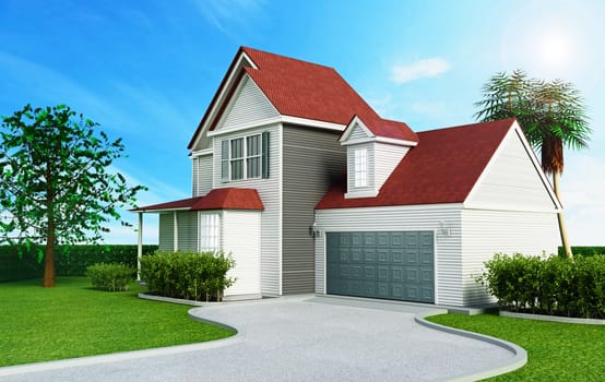Luxurious modern house with a private garage. 3D illustration.