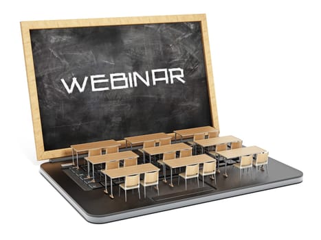 Webinar word on the blackboard as laptop screen. 3D illustration.