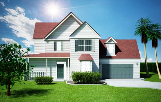 Luxurious modern house with a private garage. 3D illustration.