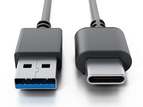 USB type C and USB 3.0 format cables isolated on white background. 3D illustration.