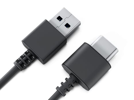 USB type C and USB 3.0 format cables isolated on white background. 3D illustration.