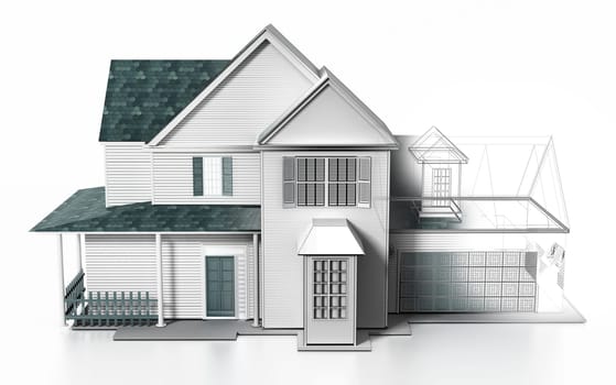 Luxurious modern house with wireframe rendered parts. 3D illustration.
