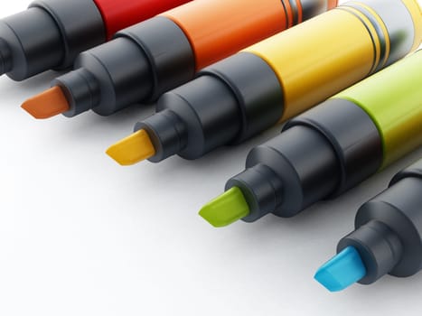 Multi colored marker pen isolated on white background. 3D illustration.