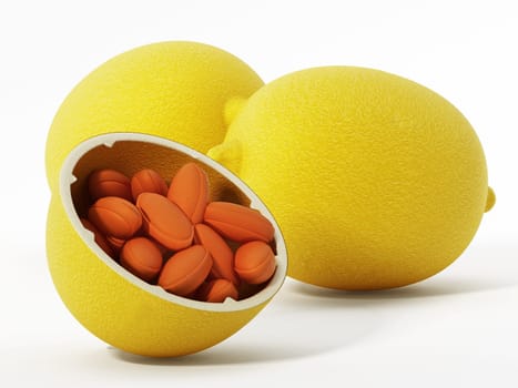 Vitamin C pills inside half lemon isolated on white background. 3D illustration.