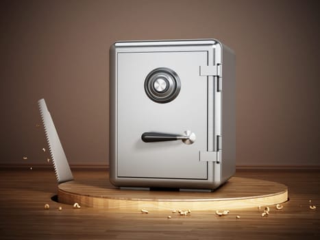 Saw cutting parquet surface with a closed steel safe. 3D illustration.