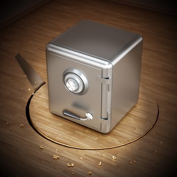 Saw cutting parquet surface with a closed steel safe. 3D illustration.