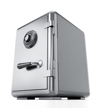 Steel safe with closed door isolated on white background. 3D illustration.