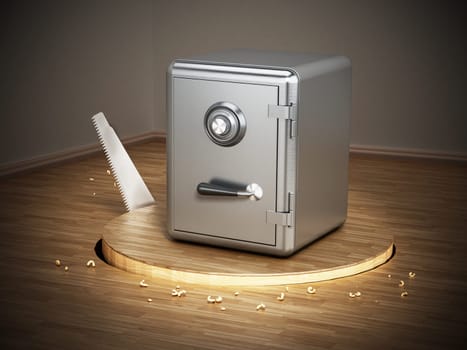 Saw cutting parquet surface with a closed steel safe. 3D illustration.