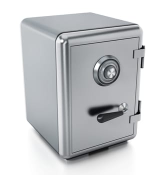 Steel safe with closed door isolated on white background. 3D illustration.