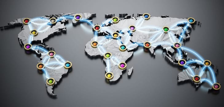 Flight or internet network on 3D world map. 3D illustration.