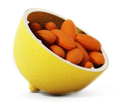 Vitamin C pills inside half lemon isolated on white background. 3D illustration.