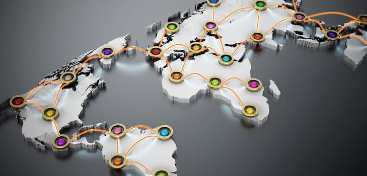 Flight or internet network on 3D world map. 3D illustration.