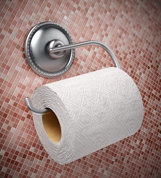 Toilet paper and chrome hanger on the wall. 3D illustration.
