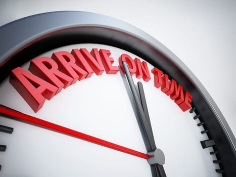 Clock with arrive on time text. 3D illustration.