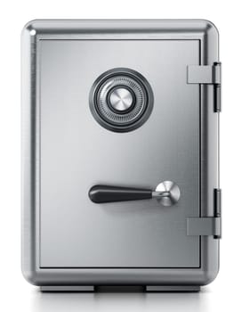 Steel safe with closed door isolated on white background. 3D illustration.