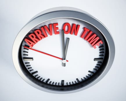 Clock with arrive on time text. 3D illustration.