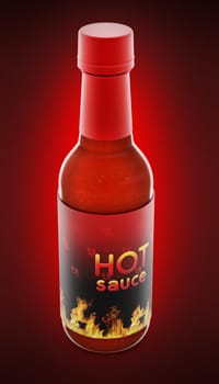 Hot pepper sauce bottle isolated on red background. 3D illustration.