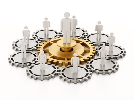 People standing on connected gears. 3D illustration.