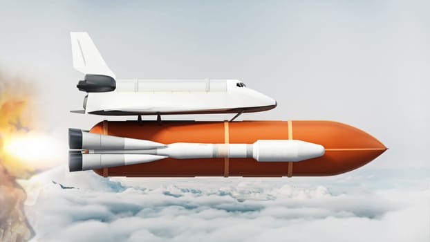 Space shuttle on the rocket moving above the clouds. 3D illustration.