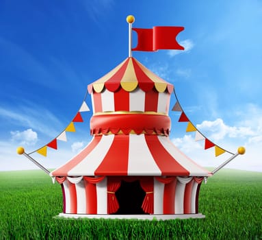 Circus tent standing on green field against blue sky. 3D illustration.