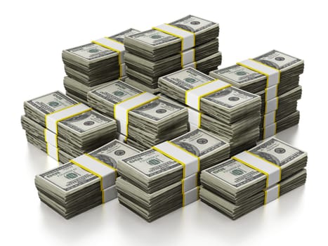 100 Dollar lots stack isolated on white background. 3D illustration.