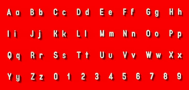 White letters and numbers on red background. 3D illustration.