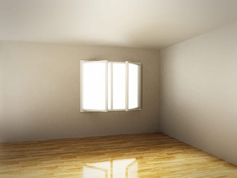Empty room with white walls and hardwood floor. 3D illustration.