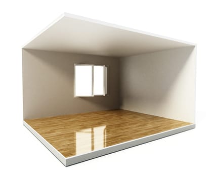 Empty room with white walls and hardwood floor. 3D illustration.