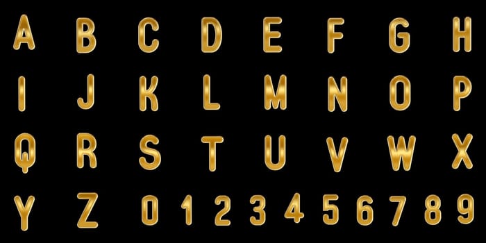 Gold capital letters and numbers on black background. 3D illustration.