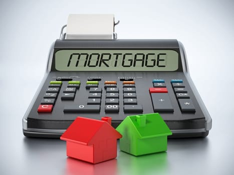 Print calculator with mortgage text on the screen. 3D illustration.