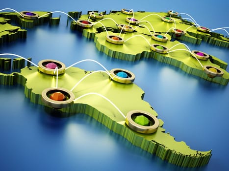 Flight or internet network on 3D world map. 3D illustration.