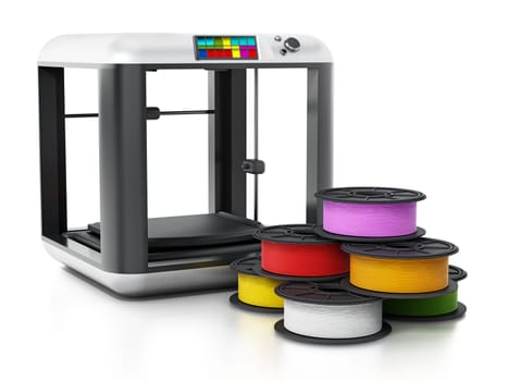 3D printer and spare filaments. 3D illustration.