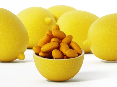 Vitamin C pills inside half lemon isolated on white background. 3D illustration.