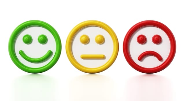 Green, yellow and red faces showing satisfaction levels. 3D illustration.