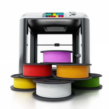 3D printer and spare filaments. 3D illustration.