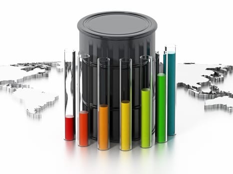 Oil barrels, world map and sale lines. 3D illustration.