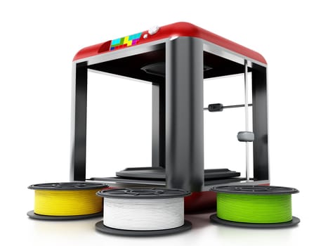 3D printer and spare filaments. 3D illustration.