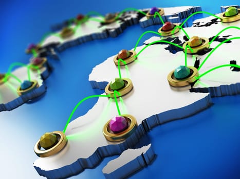Flight or internet network on 3D world map. 3D illustration.