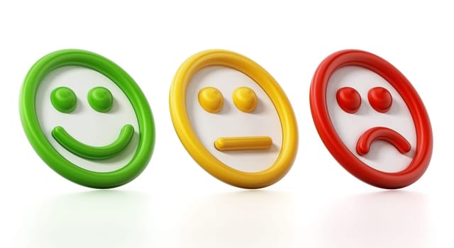 Green, yellow and red faces showing satisfaction levels. 3D illustration.