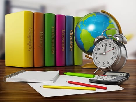 Globe, school books, alarm clock and pen sisolated on white background. 3D illustration.