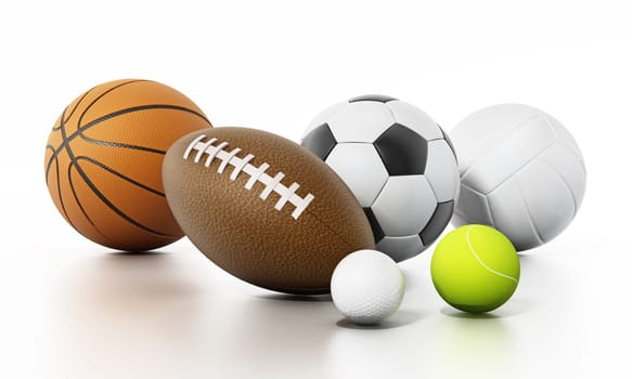 Sports balls isolated on white background. 3D illustration.