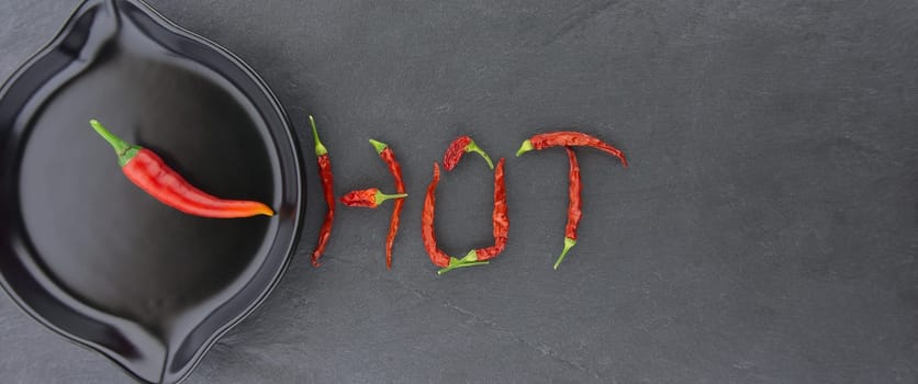 HOT spicy chili pepper still life with text formed from dried pods and a fresh chilli pepper in a skillet in a panorama banner over grey