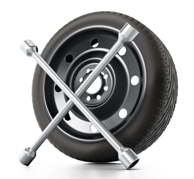 Spare car tyre and wheel nut wrench isolated on white background. 3D illustration.