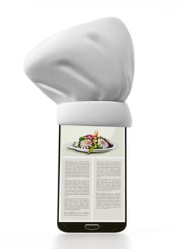 Chef's hat standing on smartphone. 3D illustration.