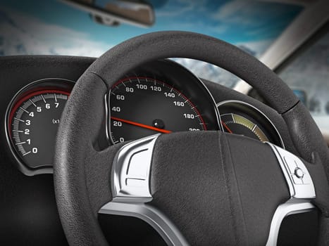 View of the road from the driver seat. 3D illustration.