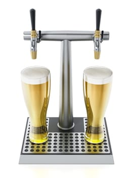 Two glasses of beer under alcoholic beverage taps. 3D illustration.