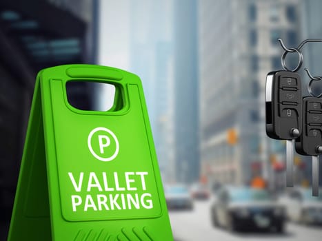 Car keys and vallet parking board on big city background. 3D illustration.